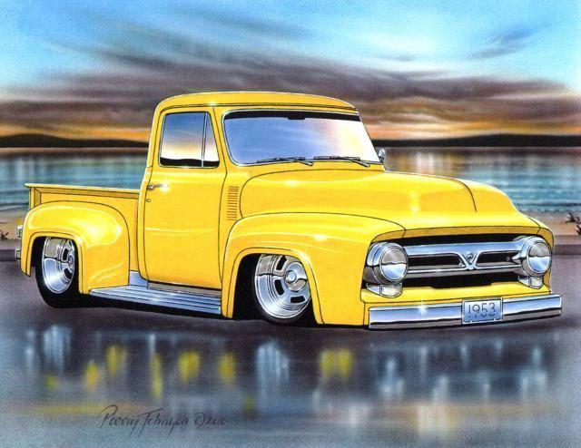 1953 ford f100 pickup hot rod truck automotive art print yellow