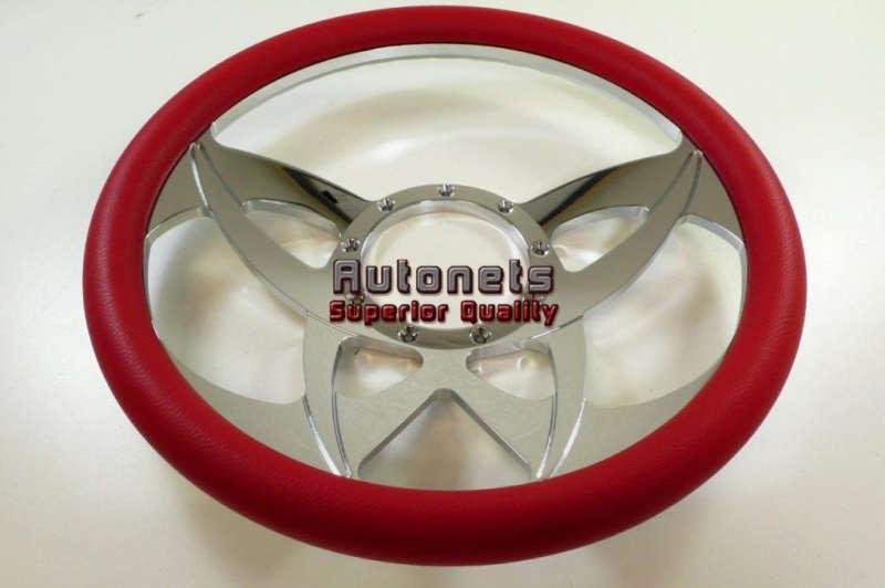 Red leather ninja style camaro nova street hot rad rod steering wheel aluminum