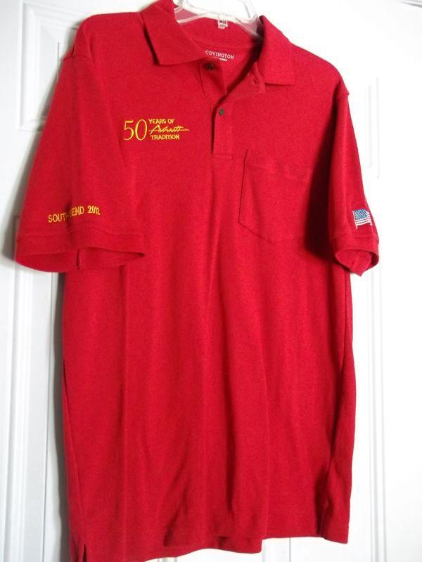 Mens size medium red 50 years of avanti, south bend 2012 polo, new!