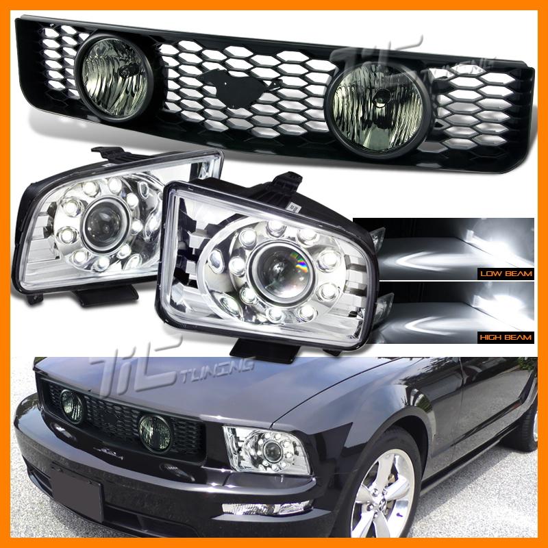 05-09 ford mustang grille w/emblem chrome projector headlights smoke fog lamp