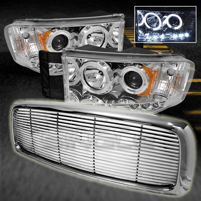 02-05 ram chrome halo projector led headlights+chrome front hood grille grill