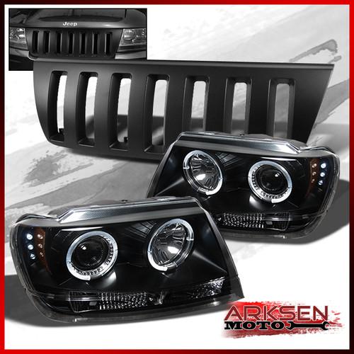99-04 jeep grand cherokee black halo projector led hedlights+black grille grill
