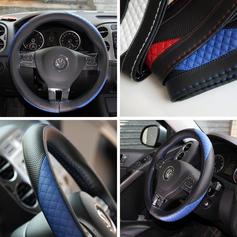 Black + blue pvc leather steering wheel cover w/needle & thread diy chevy dodge