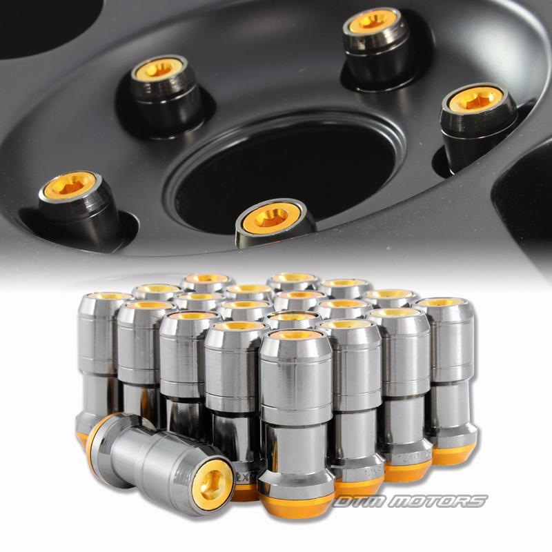 M12 x 1.25mm thread pitch 1.9" long wheel rim lug nuts - 20pc gunmetal / orange