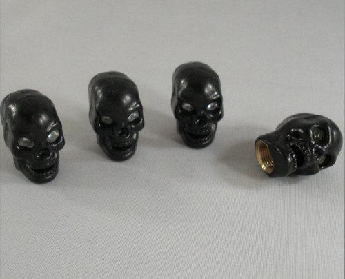 4 black "skull" tire air valve stem caps - car truck hotrod ratrod suv atv rims