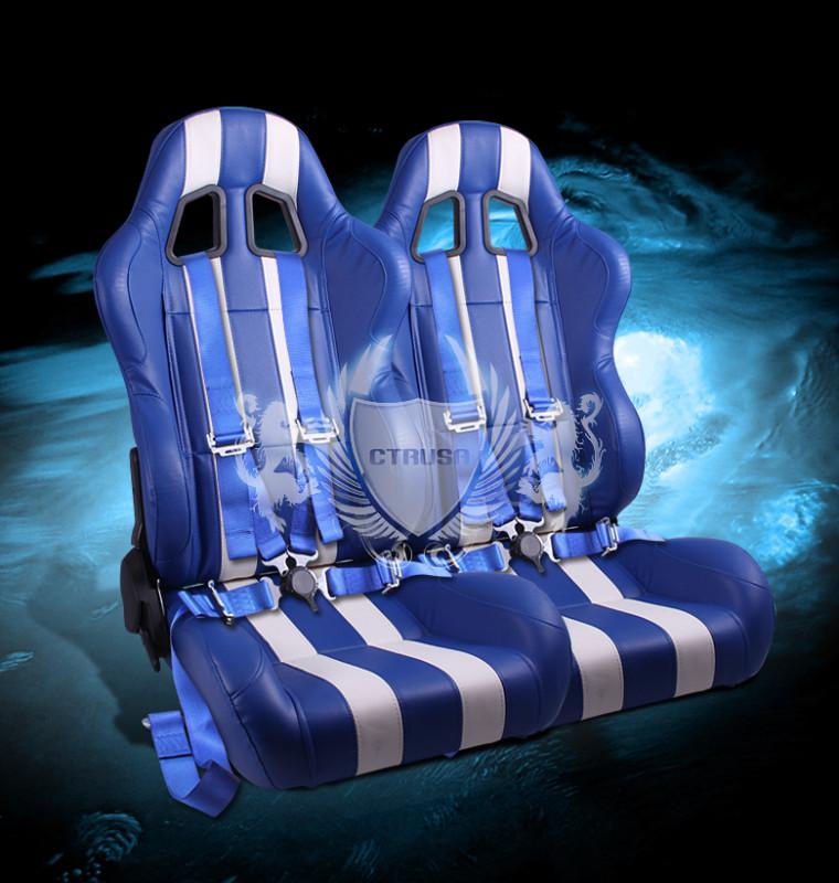 2x universal blue/white stripe type-r vinyl racing seat+4pt camlock harness belt