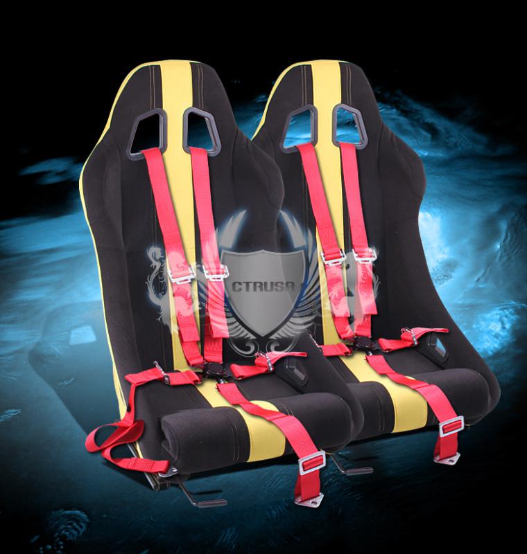 2x universal racing seats fabric yellow stripe +5-pt camlock harness seat belt