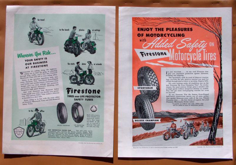 Lg056   set of two vintage 1952 firestone motorcycle tire ads!