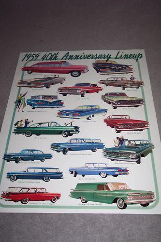 1959 chevrolet color poster 22"x28" "40th anniversary lineup"  (17 models shown)