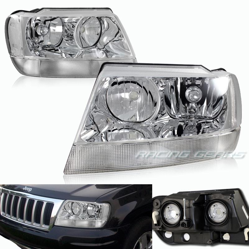 99-04 jeep grand cherokee chrome housing clear lens chrome reflector headlights