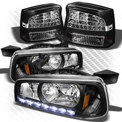 09-10 charger 1pc black headlights w/led + philips-led perform tail lights combo