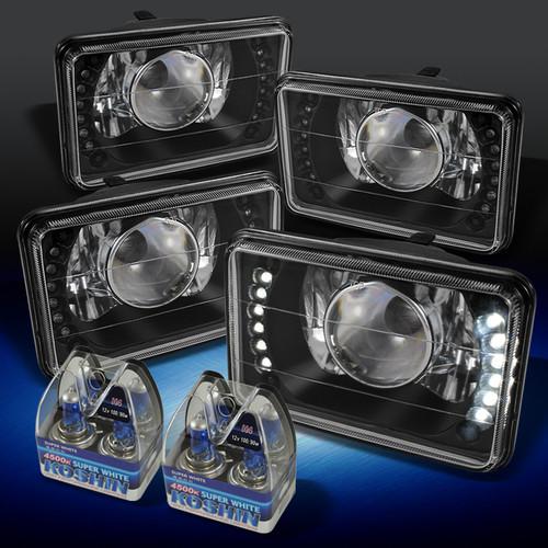 Black 4 pcs 4x6 dual bright led projector headlights+super white h4 light bulbs