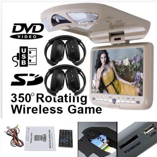 Beige9&#034; car flipdown overhead roof mount tft lcd screen dvd player freeheadphone