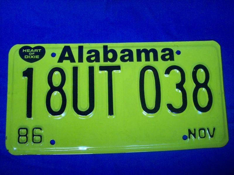 Vintage alabama license plate  tag 1986 mint! new steel yellow reflective auto