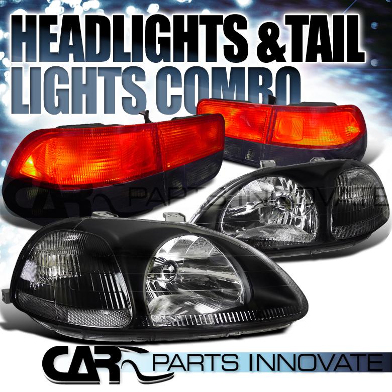 96-98 honda civic 2dr diamond black headlights+red smoke tail brake lamps