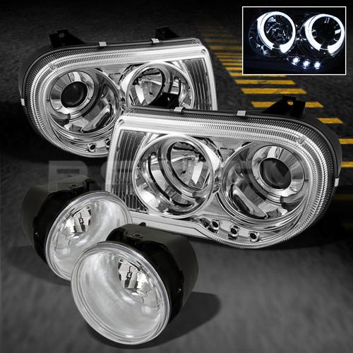 05-10 chrysler 300c dual halo projector led headlights+clear fog lamps w/switch