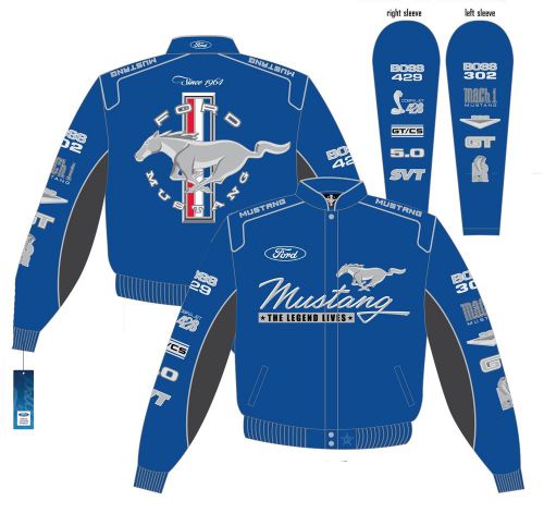 Blue mustang multi-logo jacket with mach 1, boss, gt/cs, cobra, svt, ford &amp; more