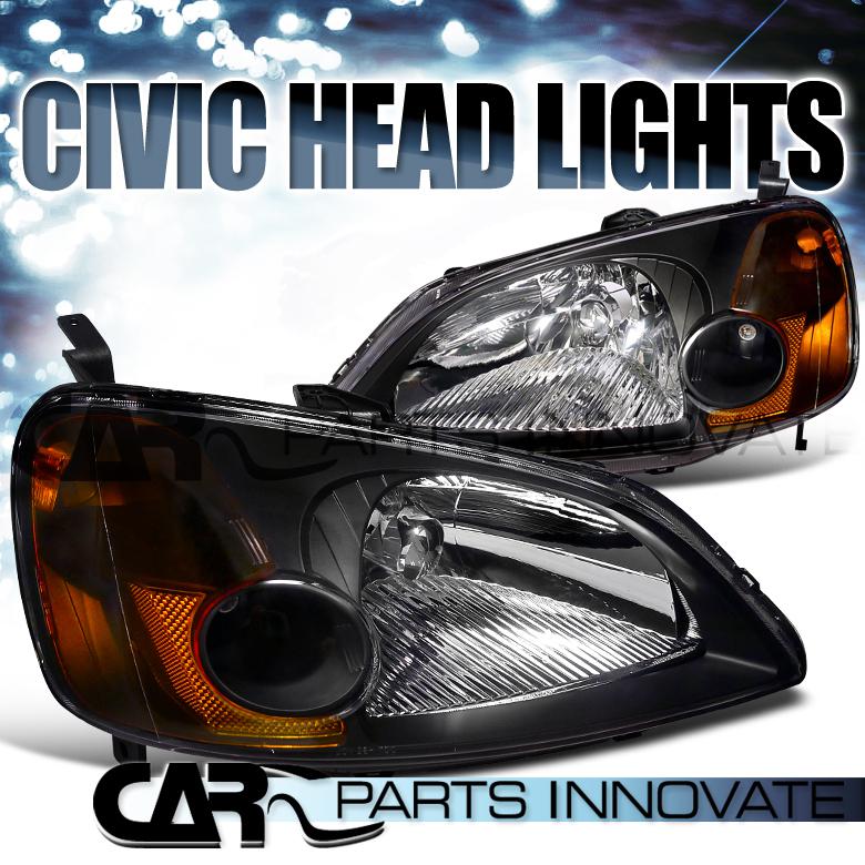 2001-2003 honda civic em es 2/4dr jdm black crystal headlights+amber