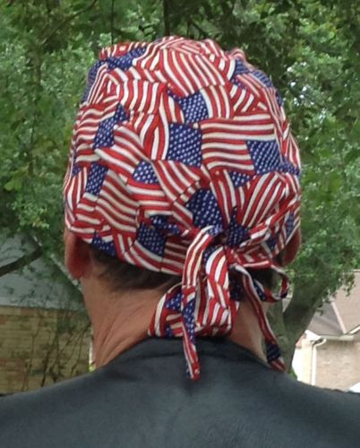 Handmade motorcycle skull cap / doo rag, bikers cap, dew rag with american flags