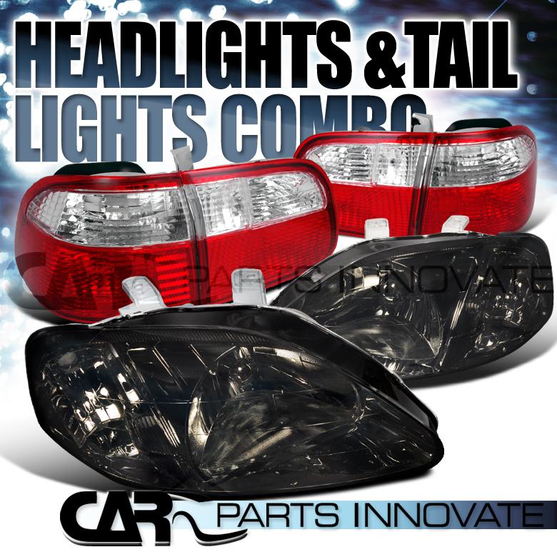 Honda 99-00 civic 4dr crystal smoke tint headlights+red clear rear tail lamps