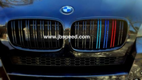 Bmw dual slat gloss black grills replacement with metallic painted m stripes oem