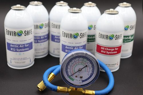 Envirosafe arctic air for r12, auto ac refrigerant proseal &amp; oil &amp; brass gauge