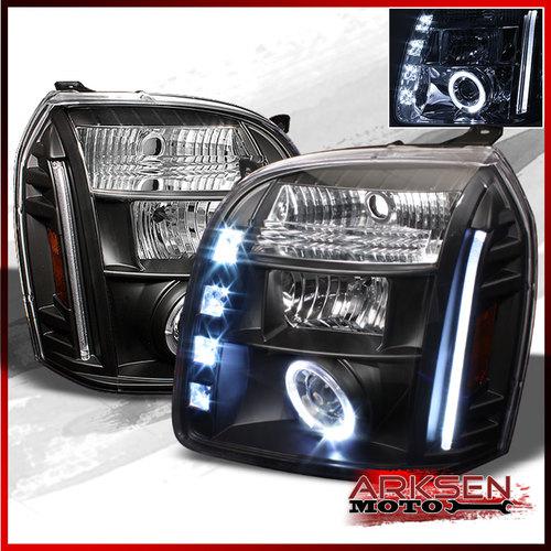 Black 07-13 gmc yukon halo projector headlights +daytime led running lights set