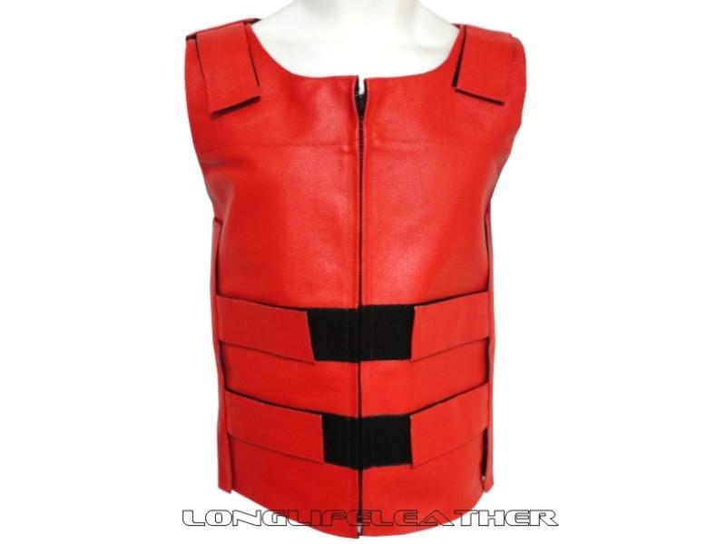 Medium size mens red bullet proof style zipper velcro leather motorcycle vest