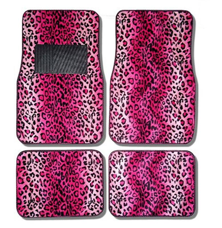 Pink blk leopard universal car front rear floor mats w/ drivers side heel pad l