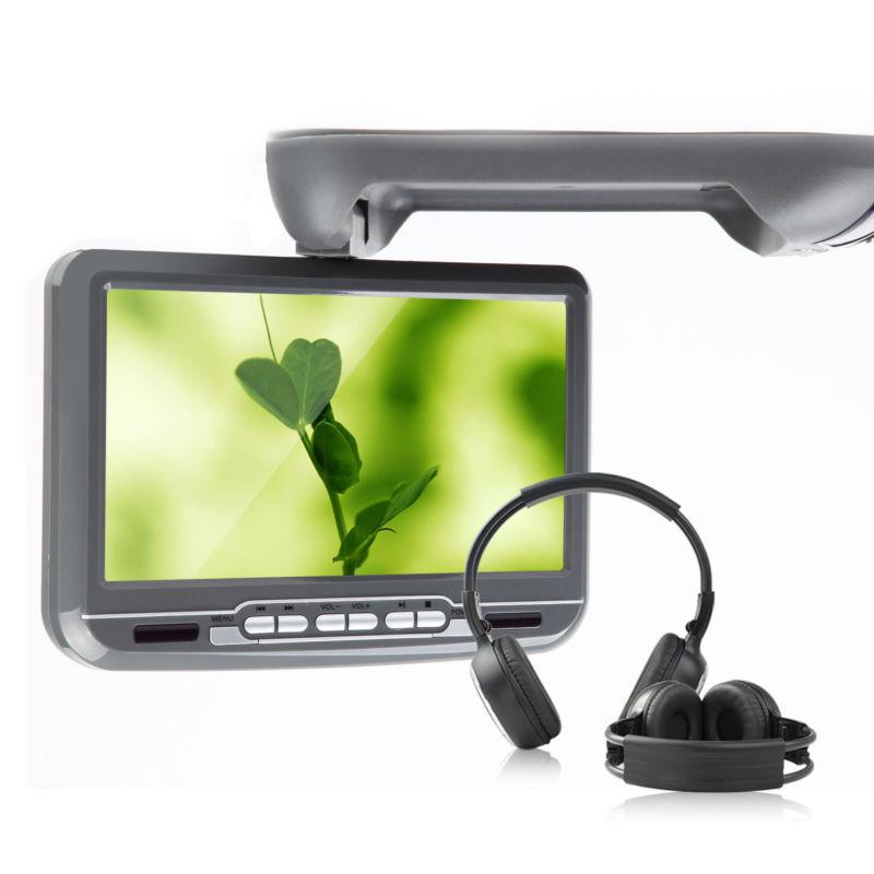 Gray 9" car drop flip down overhead roof monitor screen dvd player ir headphone