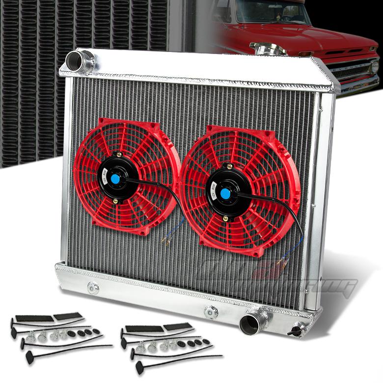 61-66 chevy truck c/k-series pickup 3-row aluminum racing radiator+x2 red fan