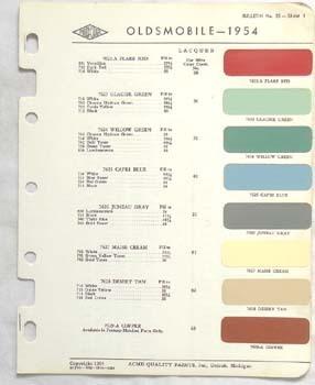 1954  oldsmobile acme proxlin   color paint chip chart all models original 