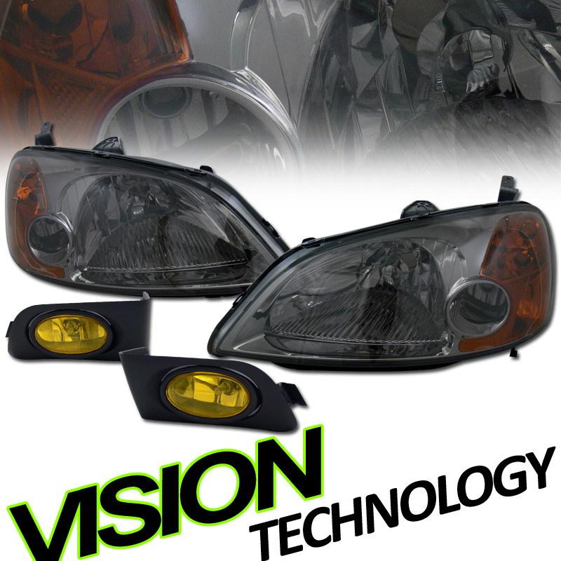 Smoke lens head lights+yellow fog lamps w/ switch+h11 bulbs 01-03 civic 2dr/4dr