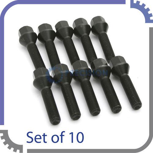 10pc extended 12x1.5 black lug bolts | 39mm / 40mm shank | conical cone seat