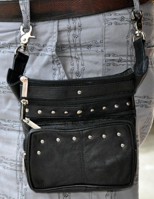 Stud large hooks leather motorcycle biker purse bag hip pouch long strap wp15 