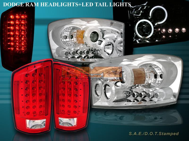 2007-08 dodge ram 2 halo ccfl led projector headlights clear+led tail lights red