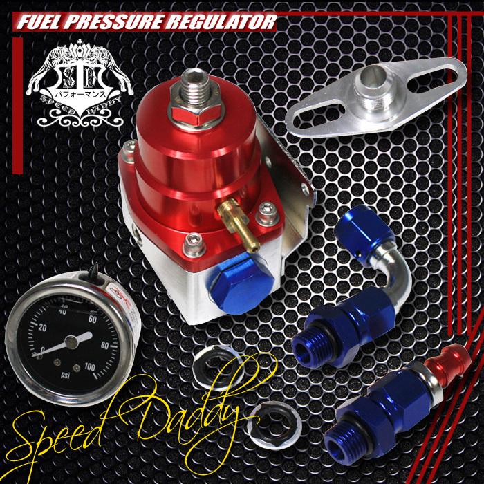 Adjustable 40-75 psi fuel pressure psi regulator+npt gauge injected bypass red