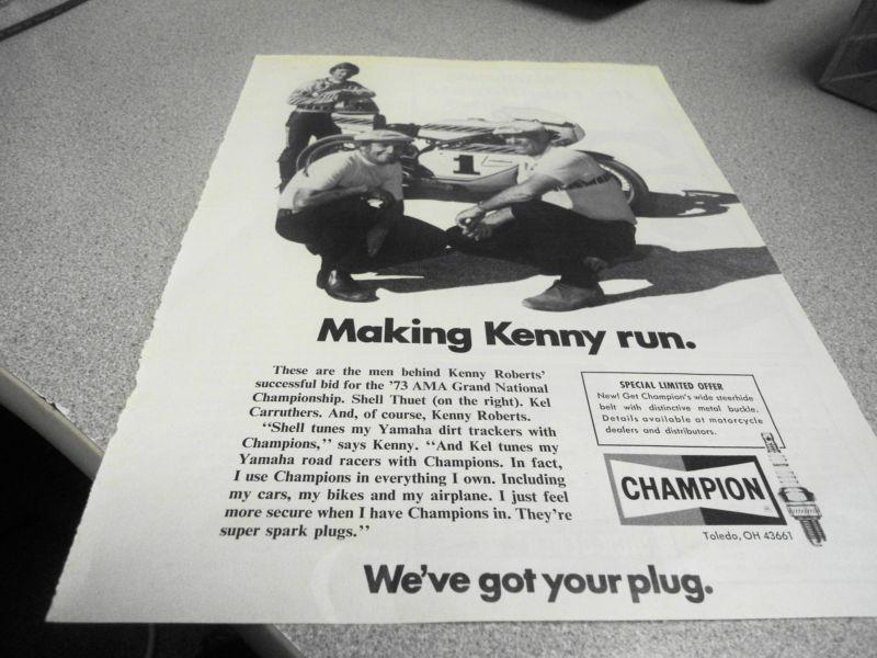 1973 yamaha motorcycle champion kenny rogers spark plug ad