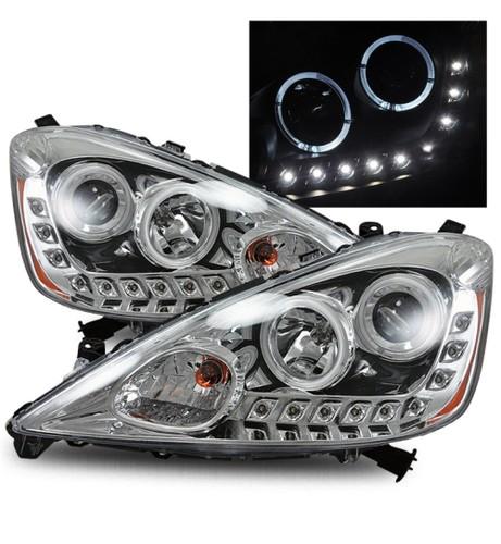 09-10 honda fit drl led strip/angel eye halo clear chrome projector headlights