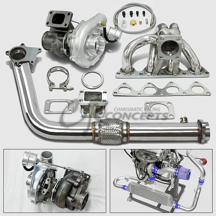 Dsm t04e 5pc turbo charger kit manifold+downpipe civic ek/eg/integra dc b16 b18