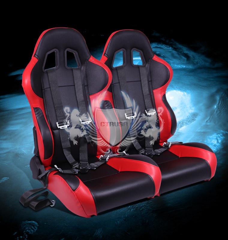 F1 2x black/red racing bucket seats reclinable + 4-pt belts camlock strap pair