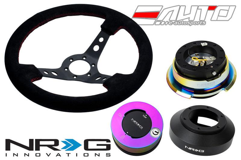 Nrg 350mm 3" d steering wheel suede red stitch 141h hub 2.8 bkmc release lock mc