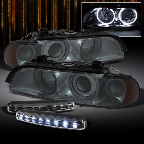 Smoked 97-03 bmw e39 5-series halo projector headlights lights + drl led lamps