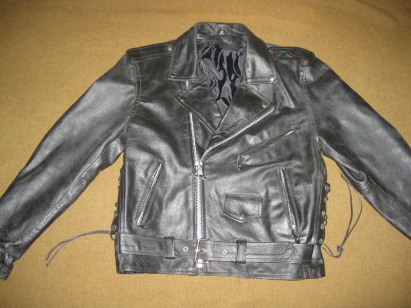 Black leather biker jacket side lace brando punk ykk harley bobber size small