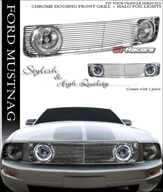 Chrome sport front hood bumper grill grille+halo fog light 2005-2009 mustang v6