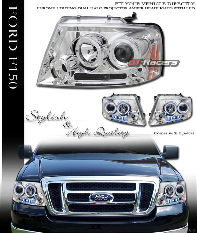 Chrome drl led dual halo rims projector head lights signal 2004-2008 ford f150