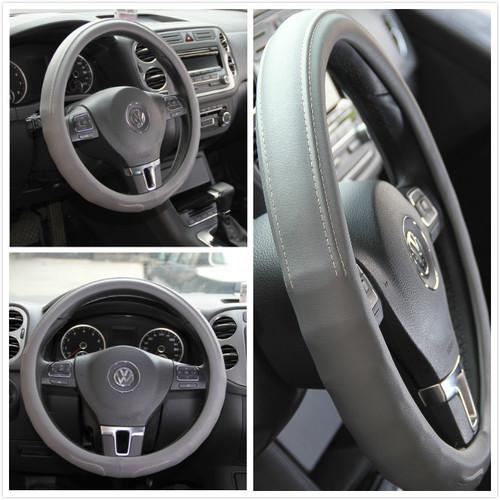 Steering wheel cover gray pvc leather beige stitch style easy put on 58005a