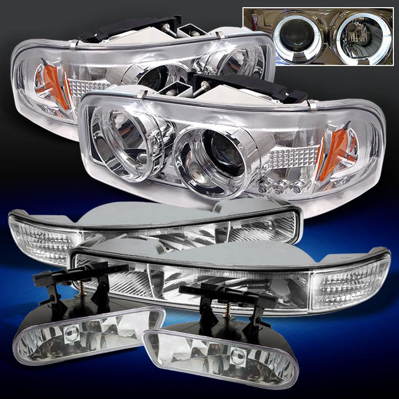 99-06 sierra yukon halo clear projector headlights+clear bumper signal+fog lamps