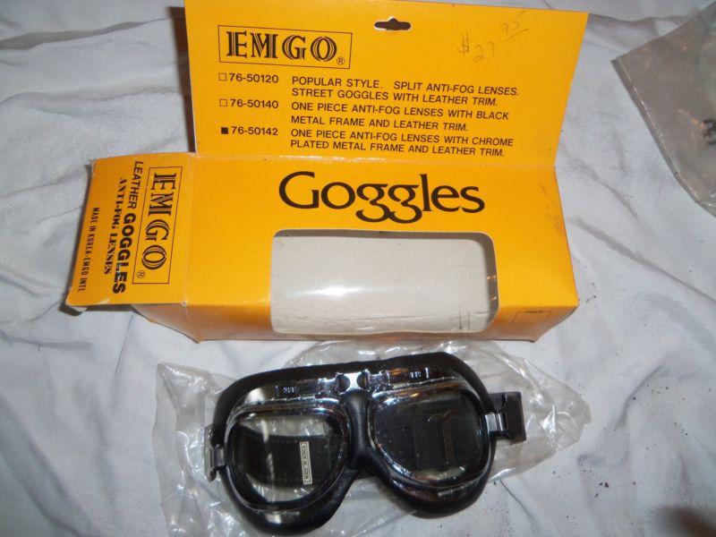 Emgo goggles one piece anti-fog lenses chrome plated metal frame leather trim