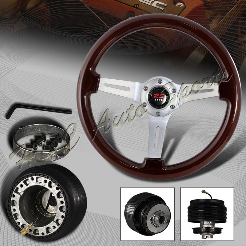 345mm 6 hole dark wood grain deep dish steering wheel + acura honda hub combo